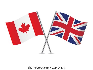 Canada and Britain crossed flags. Canadian and British flags on white background. Vector icon set. Vector illustration.