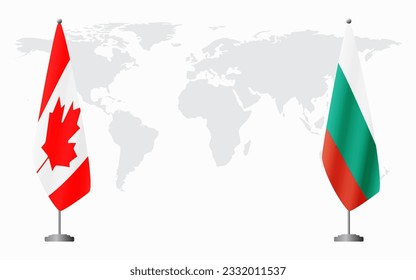 Canada and Bulgaria flags for official meeting against background of world map.