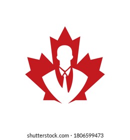 Diseño del logo vectorial de un empresario canadiense. Logo de la hoja de arce y del icono del hombre de negocios.