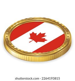Canadá (CA) Bandera Nacional Icono de redondeo 2.5D Isometric Projection View Gold Coin Aislado en fondo blanco