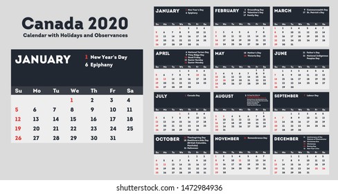 Canada calendar 2020 template minimal design