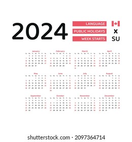 Canada Calendar 2024. Week starts from Sunday. Vector graphic design. English language.