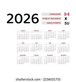 Canada Calendar 2026. Week starts from Sunday. Vector graphic design. English language.