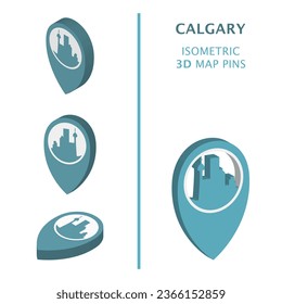 Canada Calgary 3D vector logo set. Isometric map pin, geolocation pointer, Alberta province modern skyline icon, concept, isolated graphic