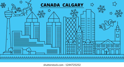 Canada, Calgary winter holidays skyline. Merry Christmas, Happy New Year decorated banner with Santa Claus.Canada, Calgary linear christmas city vector flat illustration