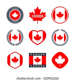 Canada, canadian flag, red maple leaf - collection of vector icons, labels, stickers and badges