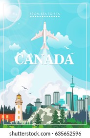  Canadá. Iconos vectoriales de tradición canadiense. Cartel sobre la cultura canadiense. 