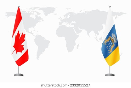 Canada and Canary Islands flags for official meeting against background of world map.
