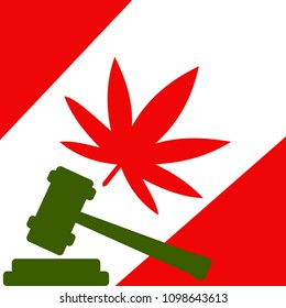 Canada Cannabis Law And Legislation. Canadian Flag With Marijuana Leaf. Medical And Recreational Pot Weed Symbols. Judge, Law Gavel.