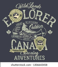 Canada canoe trail outdoor adventure vector artwork for boy wear with applique patches grunge effect in separate layer
