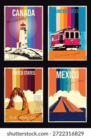 Canadá Cape Mudge Lighthouse, EE.UU. Delicado Arco, Arches National Park, San Francisco Tram, México Paso Pirámide Atracciones Turísticas Postales, Plantillas de Vector Estilo Retro Tarjeta de Felicitación Set, 1970 - 1980 Antiguas Rayas de Color