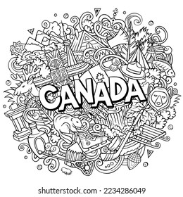 Canada cartoon doodle illustration. Funny design. Creative vector background. Handwritten text with Canadian elements and objects. Sketchy composition