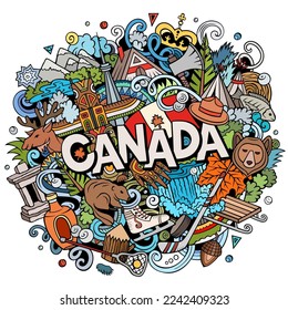 Canada cartoon doodle illustration. Funny design. Creative vector background. Handwritten text with Canadian elements and objects. Colorful composition