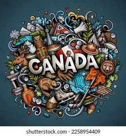 Canada cartoon doodle illustration. Funny design. Creative vector background. Handwritten text with Canadian elements and objects. Colorful composition