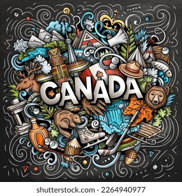 Canada cartoon doodle illustration. Funny design. Creative vector background. Handwritten text with Canadian elements and objects. Chalkboard composition