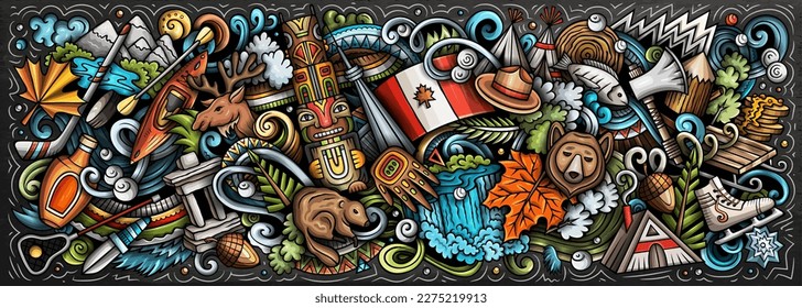 Canada cartoon doodle illustration. Funny Canadian banner design. Creative vector background with north America country elements and objects. Colorful composition