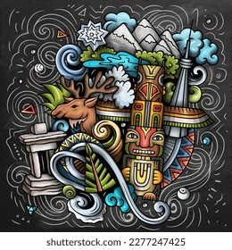 Canada cartoon doodle illustration. Funny Canadian design. Creative vector background with north America country elements and objects. Chalkboard composition