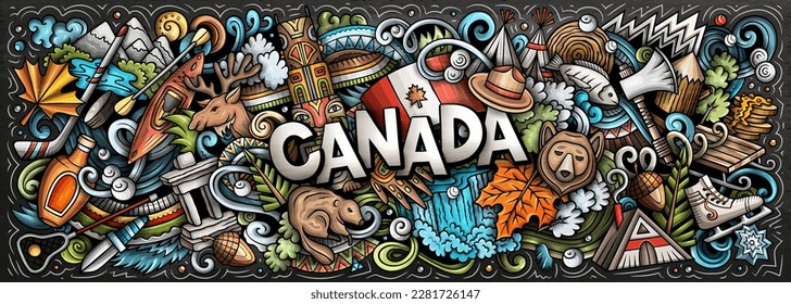 Dibujo del doodle de dibujos animados de Canadá. Divertido diseño de banners canadienses. Fondo vectorial creativo con elementos y objetos de los países de América del Norte. Composición colorida