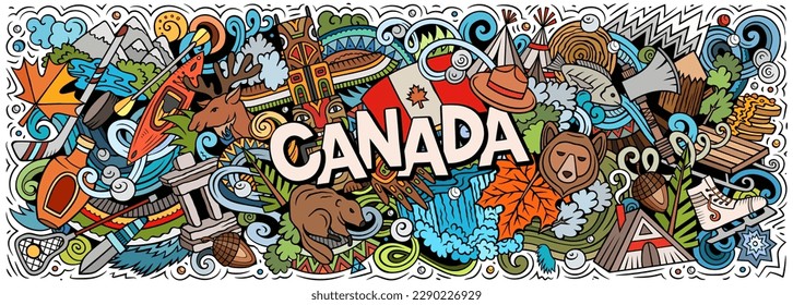 Canada cartoon doodle illustration. Funny Canadian banner design. Creative vector background with north America country elements and objects. Colorful composition