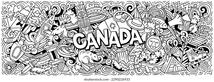 Dibujo del doodle de dibujos animados de Canadá. Divertido diseño de banners canadienses. Fondo vectorial creativo con elementos y objetos de los países de América del Norte. Composición de arte de línea