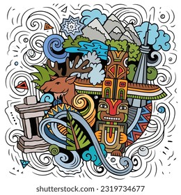 Canada cartoon doodle illustration. Funny Canadian design. Creative vector background with north America country elements and objects. Colorful composition