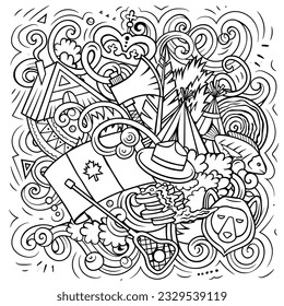 Canada cartoon doodle illustration. Funny Canadian design. Creative vector background with north America country elements and objects. Sketchy composition