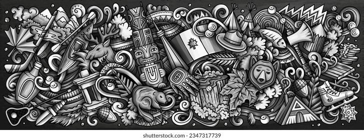 Canada cartoon doodle illustration. Funny Canadian banner design. Creative vector background with north America country elements and objects