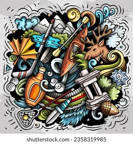 Canada cartoon doodle illustration. Funny Canadian design. Creative vector background with north America country elements and objects. Colorful composition