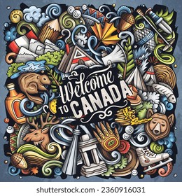 Canada cartoon doodle illustration. Funny Canadian design. Creative vector background with north America country elements and objects. Colorful composition