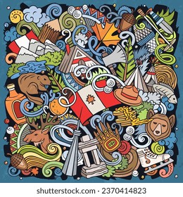 Canada cartoon doodle illustration. Funny Canadian design. Creative vector background with north America country elements and objects. Colorful composition