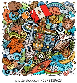 Canada cartoon doodle illustration. Funny Canadian design. Creative vector background with north America country elements and objects. Colorful composition
