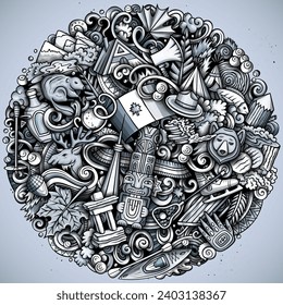 Canada cartoon doodle illustration. Funny Canadian design. Creative vector background with north America country elements and objects. Monochrome composition
