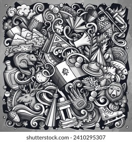 Canada cartoon doodle illustration. Funny Canadian design. Creative vector background with north America country elements and objects. Monochrome composition