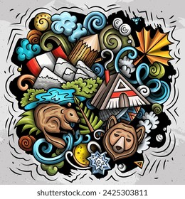 Canada cartoon doodle illustration. Funny Canadian design. Creative vector background with north America country elements and objects. Colorful composition