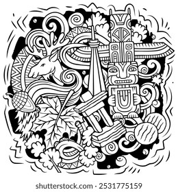 Ilustração de desenho animado do Canadá. Design canadense engraçado. Vetor criativo de fundo com elementos de país da América do Norte e objetos. Composição irregular