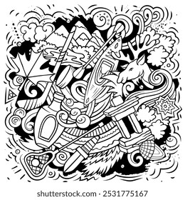 Canada cartoon doodle illustration. Funny Canadian design. Creative vector background with north America country elements and objects. Sketchy composition