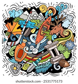 Canada cartoon doodle illustration. Funny Canadian design. Creative vector background with north America country elements and objects. Colorful composition