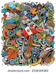 Canada cartoon doodle illustration. Funny Canadian design. Creative vector background with north America country elements and objects. Colorful composition