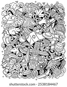 Ilustração de desenho animado do Canadá. Design canadense engraçado. Vetor criativo de fundo com elementos de país da América do Norte e objetos. Composição irregular