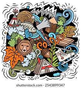 Canada cartoon doodle illustration. Funny Canadian design. Creative vector background with north America country elements and objects. Colorful composition
