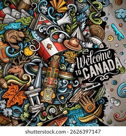 Canada cartoon doodle illustration. Funny Canadian border. Creative vector background featuring North American country elements and objects. Colorful frame composition