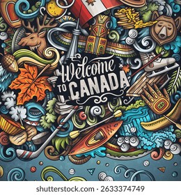 Canada cartoon doodle illustration. Funny Canadian border. Creative vector background featuring North American country elements and objects. Colorful frame composition