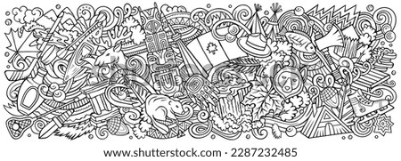 Canada cartoon doodle illustration. Funny Canadian banner design. Creative vector background with north America country elements and objects. Line art composition