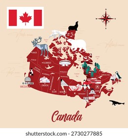 Canada cartoon travel map vector illustration with landmarks, cities, roadmap. Infographic concept shape template design with country navigator. Business journey and tourism web layout, clipart, icons