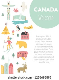 Canada cartoon vector banner. Travel illustration with landmarks, animals and nature places with copyspace. Cover template
