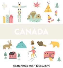 Canada cartoon vector banner. Travel illustration with landmarks, animals and nature places with copyspace
