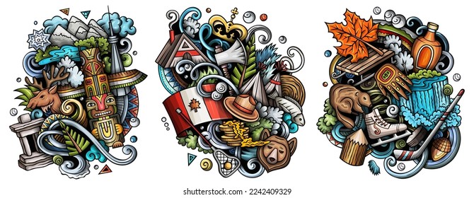 Canada cartoon vector doodle designs set. Colorful detailed compositions with lot of canadian objects and symbols. Isolated on white illustrations