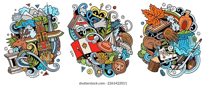 Canada cartoon vector doodle designs set. Colorful detailed compositions with lot of canadian objects and symbols. Isolated on white illustrations