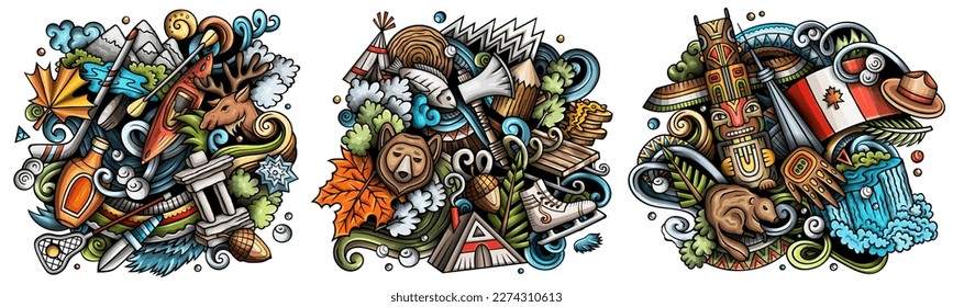 Canada cartoon vector doodle designs set. Colorful detailed compositions with lot of canadian objects and symbols. Isolated on white illustrations