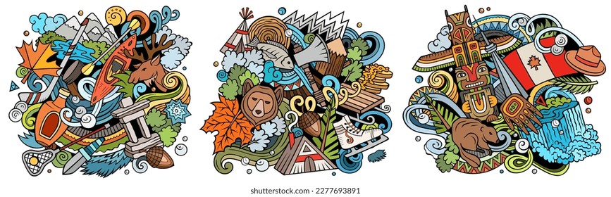 Canada cartoon vector doodle designs set. Colorful detailed compositions with lot of canadian objects and symbols. Isolated on white illustrations